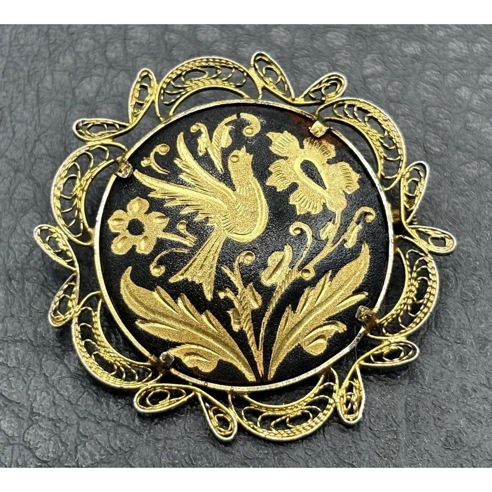 Vintage Damascene Bird Black Enamel Flower Brooch Filigree Gold Tone